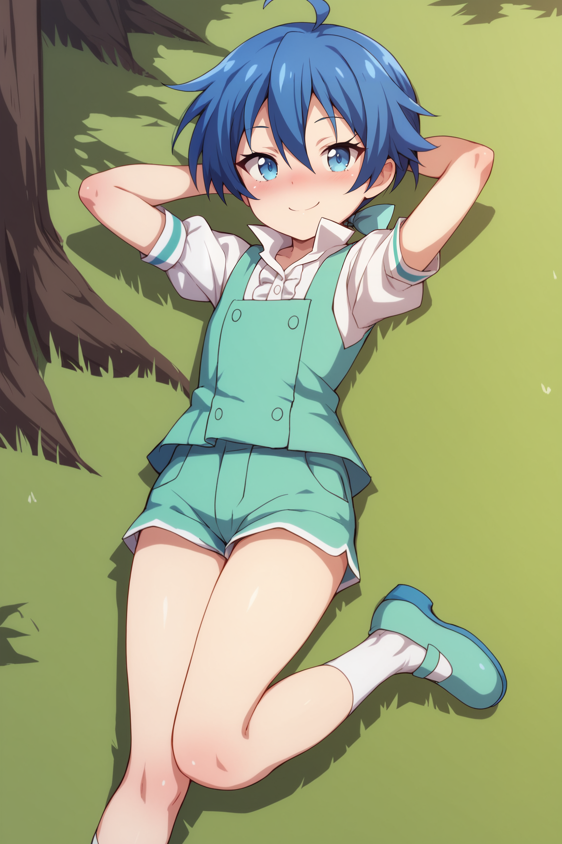 score_9, score_8_up, score_7_up, score_6_up, BREAK, LLoydSaloumTSDNODPXL, blue eyes, blue hair, short hair, hair between eyes, ahoge, hair bow, ponytail, flat chest, white shirt, green vest, short sleeves, green shorts, short shorts, white socks, blue shoes, solo, full body, (lying on grass), on back, arms behind head, seductive smile, looking at viewer, naughty face, nose blush, forest, tree   <lora:LLoydSaloumTSDNODPXL:0.8>
