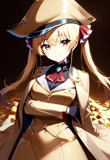 score_9, score_8_up, score_7_up, super aesthetic, rating:safe, rating:general, DeaverStyle, 1girl, solo, aua, red eyes, yellow eyes, heterochromia, gold clothing, gold hat, fully-clothed, gloves, big coat, illustration, gold, cute, shiny skin, vivid colors, treasure room, gold treasure,