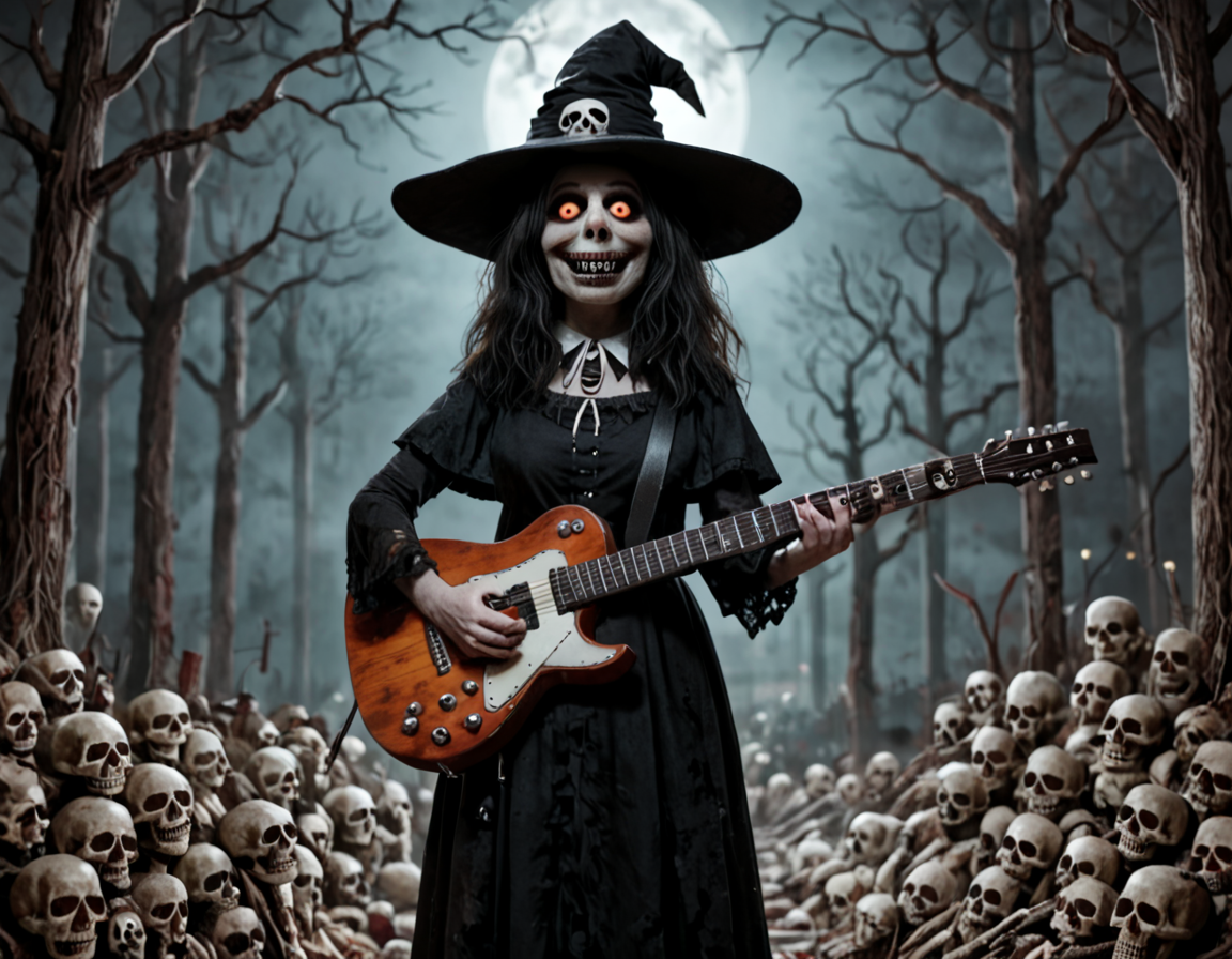 gothic manor, horror, witch playing the guitar, cowboy shot,Mupp3t, slimes_skullwm, made of skulls  <lora:Pony_QualityV4.0.safetensors:1.0> <lora:Muppet__Jim_Henson_Style_Pony.safetensors:1.0> <lora:SlimesSkullWM.safetensors:0.6>