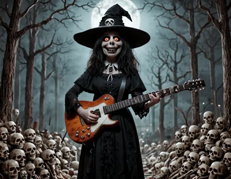 gothic manor, horror, witch playing the guitar, cowboy shot,Mupp3t, slimes_skullwm, made of skulls <lora:Pony_QualityV4.0.safetensors:1.0> <lora:Muppet__Jim_Henson_Style_Pony.safetensors:1.0> <lora:SlimesSkullWM.safetensors:0.6>