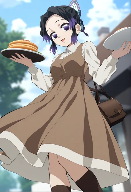 masterpiece best quality, KShinobuXLV4, 1girl, solo, looking at viewer, alternative costume, alternate costume, ((brown dress, dress, brown socks)), white shirt, collared shirt, bag, butterfly hair ornament, simple background, blurry background, tree, day, clouds, from below, dutch angle, holding plate, plate, restaurant, <lora:KShinobuV4XL-SDXL-EP10:0.75>
