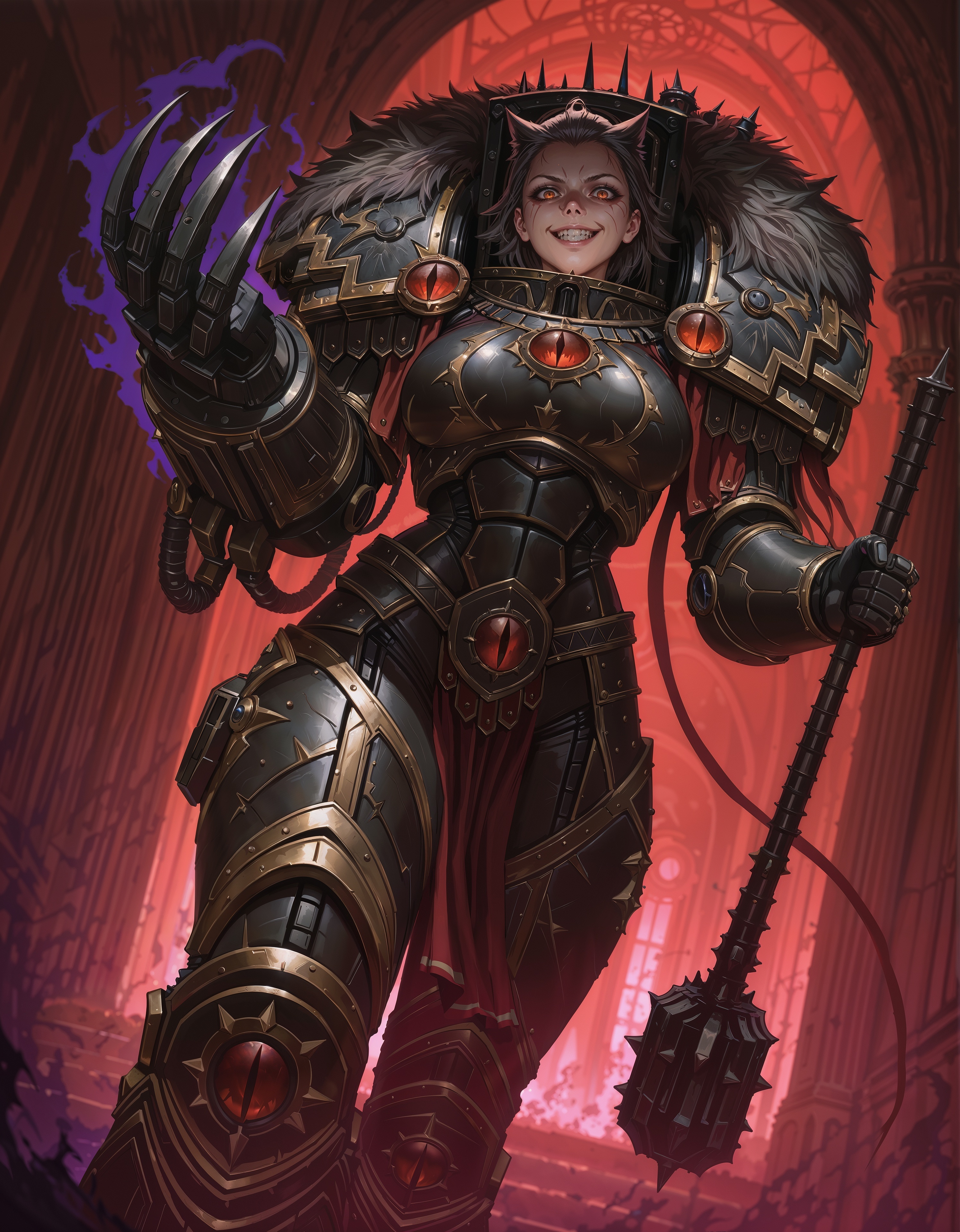 masterpiece, best quality,high quality, newest, highres,8K,HDR,absurdres, dynamic angle, realistic, 1girl, iLLHorusL40K, solo, power armor, determined eyes, chaos, yandere, crazy eyes, smile, holding a mace, power claw, dark aura, in a palace, chaos,  <lora:iLLHorusL40K:1>