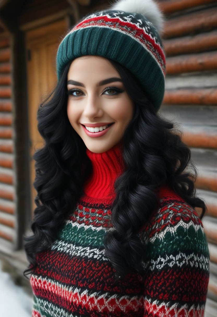 1girl, a small, petite, cute and beautiful Italian girl, dressed in a black and red and white and green sweater, ChristmasSweater, black long hair wild and wavy under an oversized hunting cap with a blue ribbon, outside a hunting lodge, dark eyes with long eyelashes and black eyeliner, big smile, (freckles,moles:0.25), white teeth, perfect teeth perfect hand and fingers,