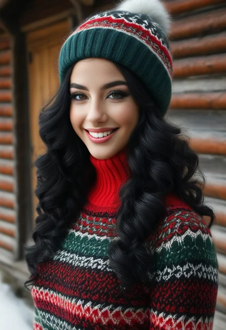 1girl, a small, petite, cute and beautiful Italian girl, dressed in a black and red and white and green sweater, ChristmasSweater, black long hair wild and wavy under an oversized hunting cap with a blue ribbon, outside a hunting lodge, dark eyes with long eyelashes and black eyeliner, big smile, (freckles,moles:0.25), white teeth, perfect teeth perfect hand and fingers,