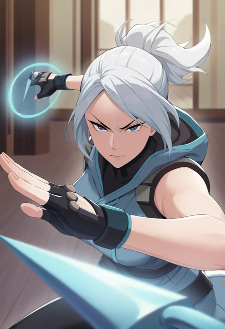 masterpiece, best quality, <lora:age_slider_v4:4>,detailed_background,indoors,hood,highres,gloves,jett \(valorant\),emiruuu,knife,floating object,jacket,serious,1girl,kunai,floating,sleeveless,weapon,blue jacket,solo,blue eyes,fingerless gloves,grey hair,hooded jacket,valorant,floating weapon,grey robe,robe