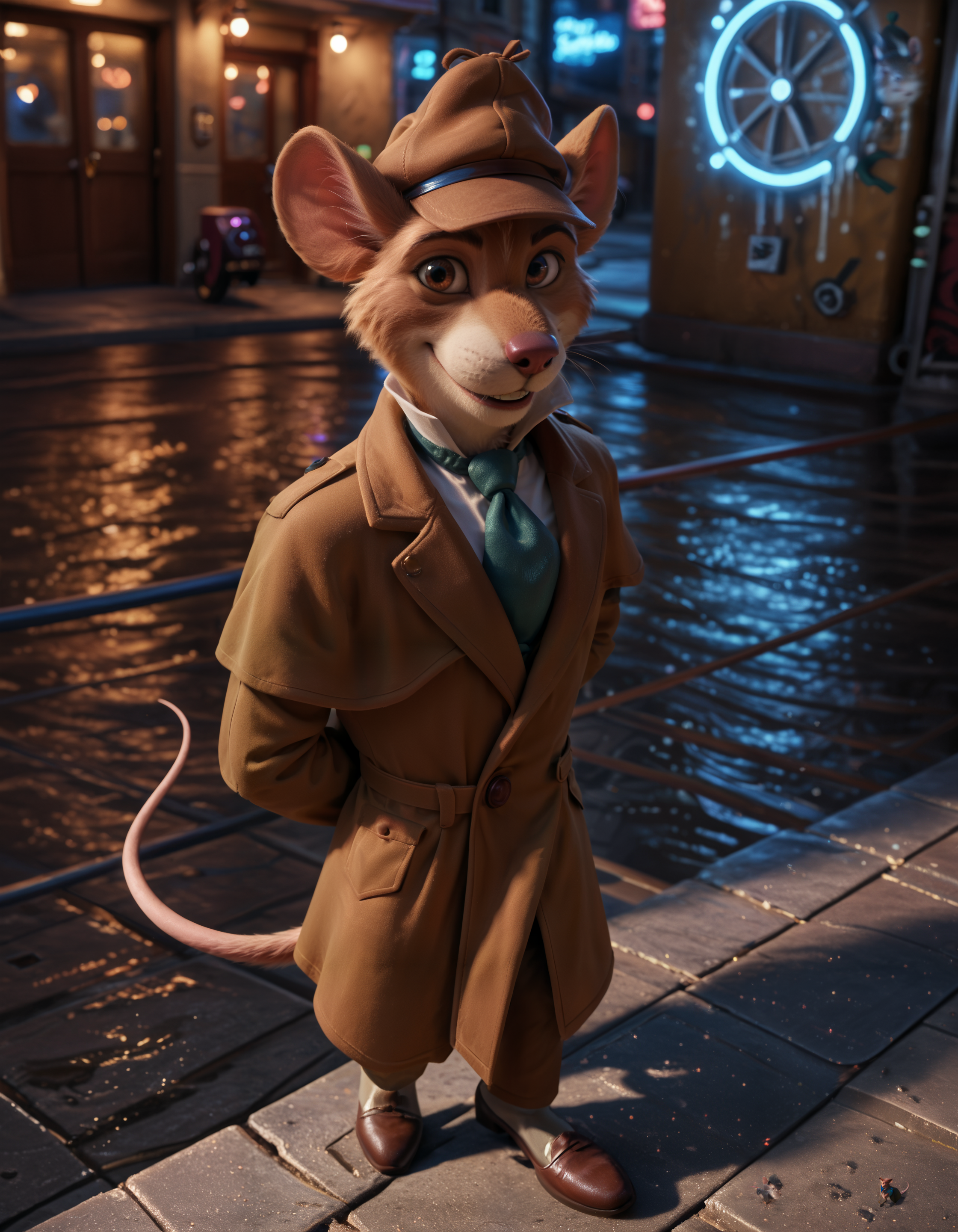 score_9, score_8_up, score_7_up BREAK source_furry, rating_safe, SSAO, detailed, (depth of field:1.1), detailed shadows, ambient occlusion, cinematic lighting, particles, graffiti, ray tracing, reflections, decals, masterpiece, best quality, ultra realistic, detailed eyes, 4k, 2k, film photography, RAW photo, photorealistic, analog style, subsurface scattering, photorealism, detailed eyes, perfect eyes, <lora:add-detail-xl:2.5>, <lora:2.5DRealisticV2.safetensors:0.25>, <lora:sinfully_stylish_SDXL.safetensors:1.0>, <lora:fix_hands.safetensors:2.5>, <lora:AdvancedEnhancerXLv2.safetensors:1.0>, dutch angle, detailed eyes, (detailed background:1.2), anthro, furry,  <lora:Basil_of_Baker_StreetThe_Great_Mouse_Detective:1.0>, basil_gmd, great_mouse_detective, solo, 1boy, male focus, clothed, hat, dark, night, light shining through feathers, looking at viewer, city, outdoor, digitigrade, biped, barefoot, (cyberpunk, neon lights, night time:1.2), upper body, solo, smile, long_sleeves, tail, necktie, shoes, pants, black_eyes, coat, arm_behind_back, walking, blue_necktie, mouse_ears, brown_headwear, furry_male, mouse_tail, brown_pants, brown_coat, mouse, trench_coat, detective,  (from above, stand, parted lips:1.15)