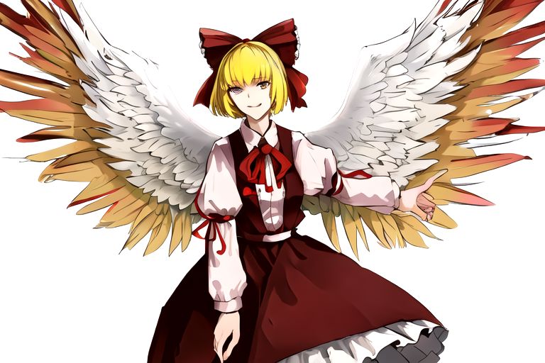 solo_focus, 1girl, ((white background, simple background)):2, (((masterpiece))), ((best quality)), ((ultra-detailed)), high resolution, absurdres, highres, ultra-detailed 8k unity wallpaper, 
solo, 1girl, gengetsu, 
arcueid_\(tsukihime\), 
solo, 1girl, smile, short_hair, shirt, breasts, blonde_hair, bow, long_sleeves, skirt, ribbon, dress, yellow_eyes, hair_bow, thighs, collared_shirt, red_bow, wings, vest, bowtie, black_pantyhose, red_vest, pink_shirt, red_bowtie, feathered_wings, pink_dress, open_vest, white_shirt_white_skirt, white_shoes, blonde_short_hair, red_head_bow_ribbon, one_piece_head_bow_ribbon, bow_ribbon, white_angel_wings, white_drees, brown_vest, wear_outside, twin_wings,
