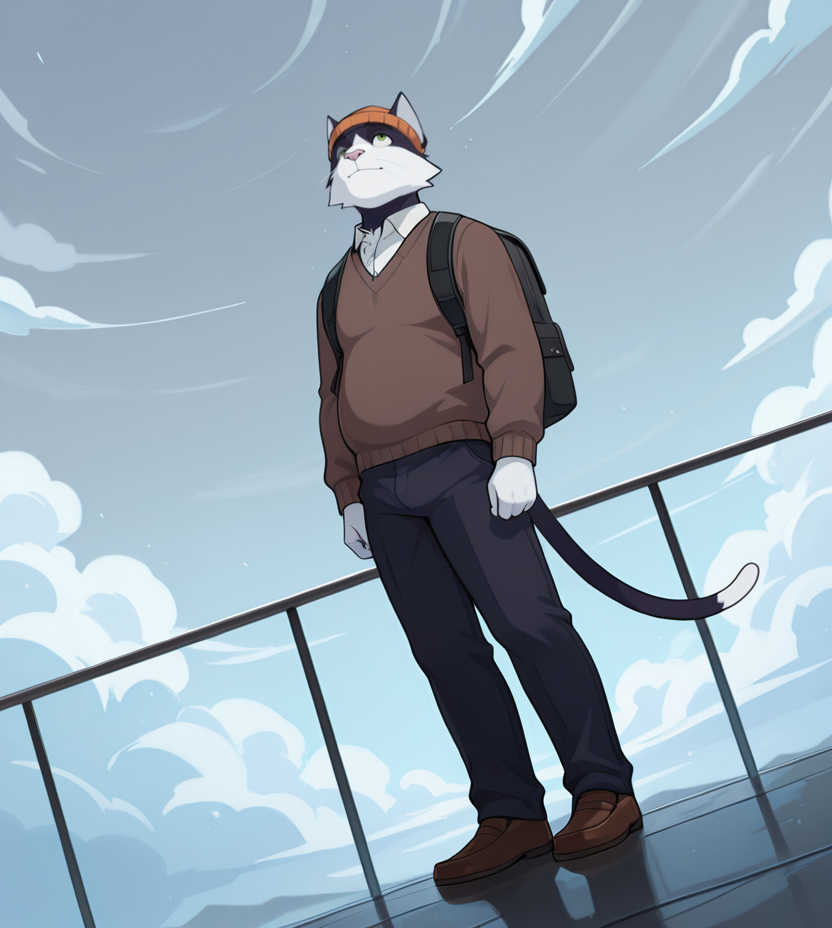 furry, solo, 1boy, cat, cat boy, striped hair, striped fur, tail, whiskers, short height, green eyes, slightly chubby, collared shirt, school uniform, beanie, orange headwear, backpack, brown sweater, long sleeves, shirt, sky, cloudy, grey sky, wind, solo, standing, wistful expression, looking up, three quarters view, full body, dynamic angle, dutch angle, masterpiece, best quality, amazing quality, very aesthetic, highres, absurdres, detailed background, jaysercap, <lora:Jayce_Sercap:1>, <lora:add-detail-xl:0.5>, <lora:Expressive_H:0.2>, <lora:spo_sdxl_10ep_4k-data_lora_webui:0.2>, <lora:sdxlVAE_sdxlVAE:0.1>, <lora:noobai_ep11_stabilizer_v0.138_fp16:0.3> , <lora:noobaiXLNAIXL_epsilonPred11Version-lora:0.1>