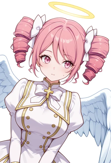 Smooth Quality,masterpiece,very intricate, high quality details, ultra realistic, high detailed skin,detailed enviorement,absurdres,
shaka sign,
<lora:Pino_CNR:0.8> pino_cnr, 1girl, pink hair, short hair, twintails, drill hair, pink eyes, large breasts,pino_cnr_def, white dress,white bow, hair bow, hair ribbon, cross,long sleeves, juliet sleeves, halo, angel wings,, aroused,, simple background, white background, dutch angle,solo,