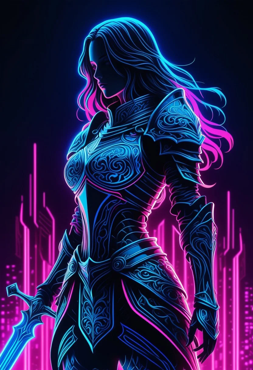 intricate design, dark background, detailed anime image, vibrant, neon blue and pink tones, female rpg knight, long hair, silhouetted in neon light