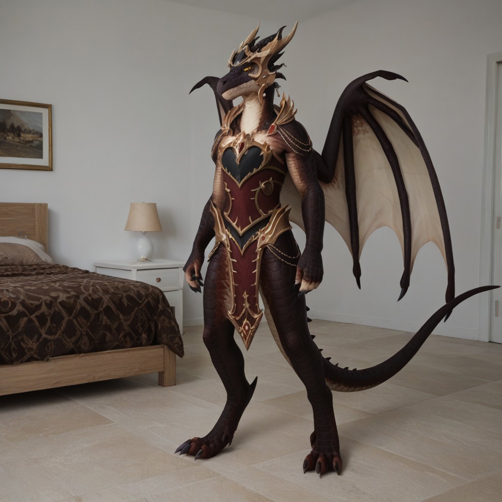 score_9, score_8_up, score_7_up, score_6_up, score_5_up, score_4_up, masterpiece, high quality, realistic, detailed, best quality, 1girl, solo, rating_safe, source_furry, standing up, intimidating pose, bedroom, looking at viewer, full body, hands, fingers emberthal_wc, dracthyr, dragon, black scales, wings, horns, tail, female, 1girl, anthro, yellow sclera, armor, helmet, black slit eyes