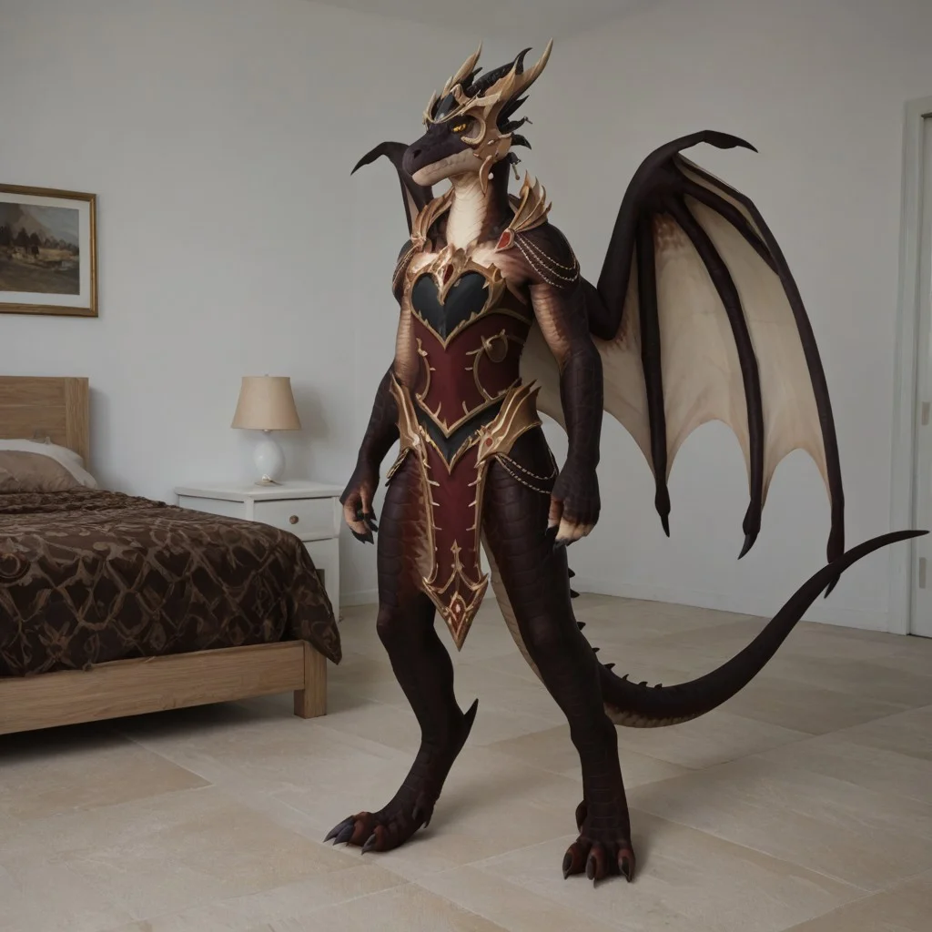 score_9, score_8_up, score_7_up, score_6_up, score_5_up, score_4_up, masterpiece, high quality, realistic, detailed, best quality, 1girl, solo, rating_safe, source_furry, standing up, intimidating pose, bedroom, looking at viewer, full body, hands, fingers emberthal_wc, dracthyr, dragon, black scales, wings, horns, tail, female, 1girl, anthro, yellow sclera, armor, helmet, black slit eyes
