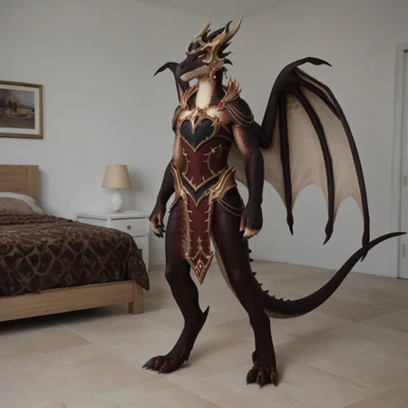 score_9, score_8_up, score_7_up, score_6_up, score_5_up, score_4_up, masterpiece, high quality, realistic, detailed, best quality, 1girl, solo, rating_safe, source_furry, standing up, intimidating pose, bedroom, looking at viewer, full body, hands, fingers emberthal_wc, dracthyr, dragon, black scales, wings, horns, tail, female, 1girl, anthro, yellow sclera, armor, helmet, black slit eyes