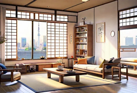 ((front view)), ((Japanese animation style)), modern-style interior, with white walls, (large windows), Nordic-style furniture, a  study, Sofa, coffee table, bookcase, single wall, 
warm light morning sun, (the view of the city)