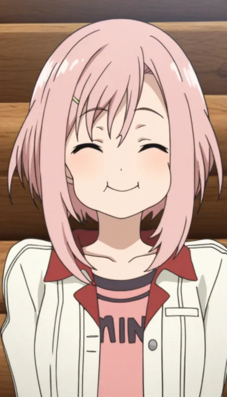 masterpiece,best quality,amazing quality,
<lora:yoshinokoharuNAI:1>,yoshinokoharu,
1girl,solo,pink hair,short hair,yellow hairpin,bangs,white jacket,pink tank top,portrait,face focus,closed eyes,happy,puffy cheeks,indoors,wooden interior,