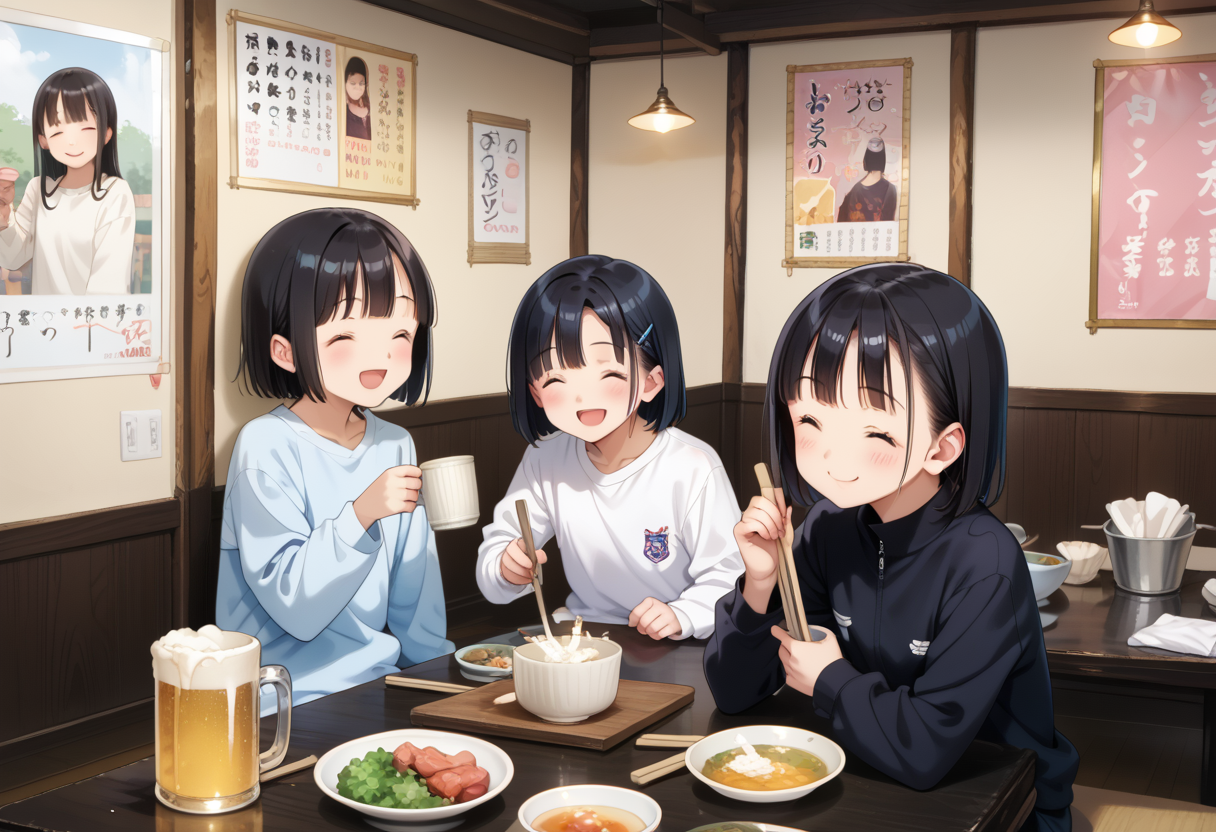 score_9, score_8_up, score_7_up, rating_safe, masterpiece, best quality, absurdres, unity 8k wallpaper, official art, official style, source_anime, game cg, megami magazine,
murayakuba, izakaya, black hair, multiple girls, shirt, cup, holding, beer mug, black shirt, chopsticks, bowl, closed eyes, indoors, table, food, short hair, sitting, smile, white shirt, jacket, long sleeves, poster (object)
 <lora:murayakuba_pony_V1:1>
