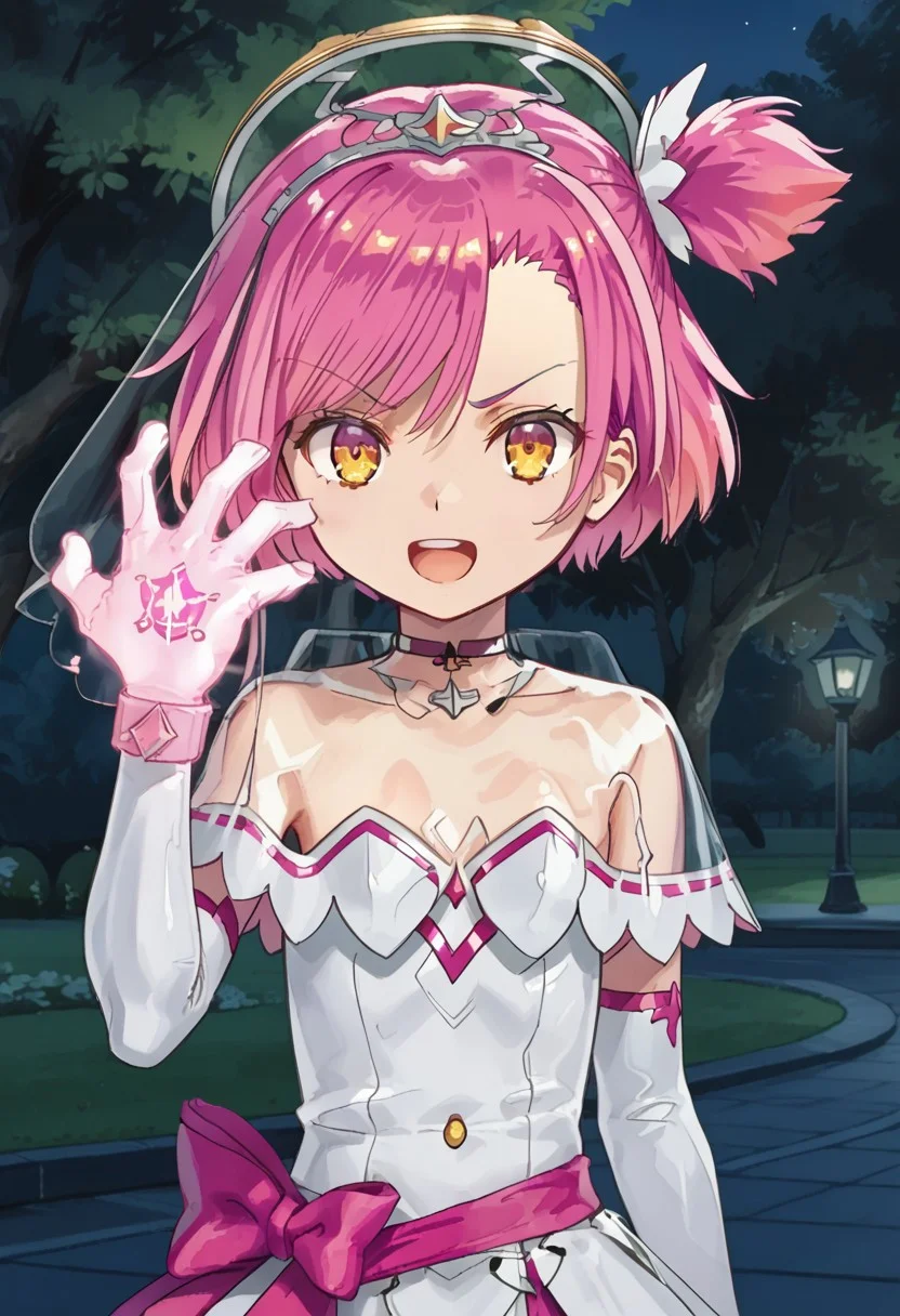 1girl, solo, yumesakiminakaren, pink hair, short hair, one side up, yellow eyes, orange eyes, choker, hair ornament, veil, halo, white dress, strapless dress, elbow gloves, pink bracelet, thighhighs, magical girl, outdoors, park, night, standing, upper body, portrait,, open mouth, serious, smile, shyai_fin, hand up, glowing hand, open mouth, print gloves