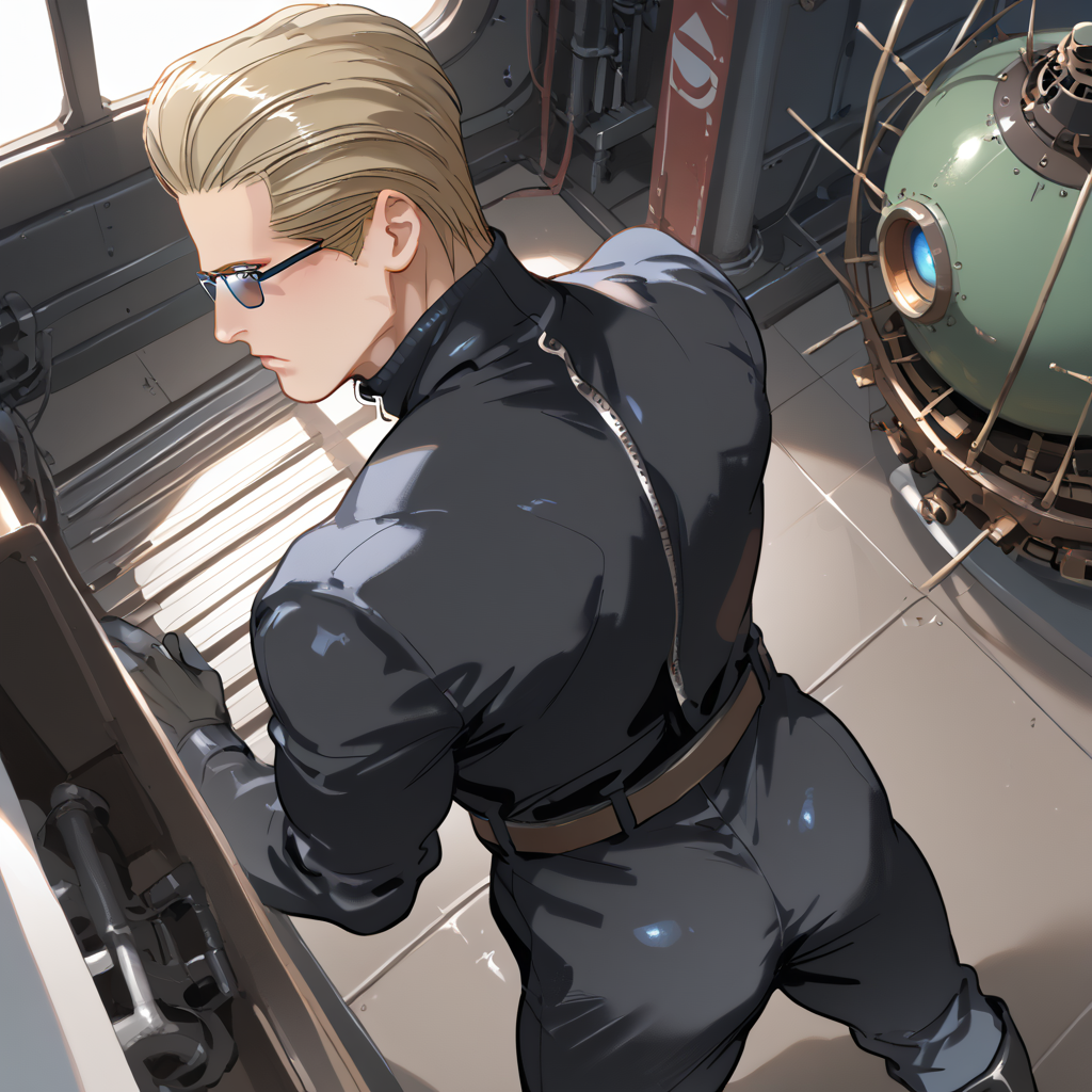 PonyScores7, source_anime, ah1,   <lora:natsumi_style:1> BREAK <lora:albertwesker-guy-PONYv1:0.8> albertwesker, albert wesker, 1boy, blonde, black gloves, (sunglasses:1.3), belt, black coat, black pants, looking at viewer, toned, athletic, fit, slicked back hair, black turtleneck, zipper, mature male, short hair, black boots, (displaying autorithy and command), (Steampunk Airship Control Room with Brass Instruments and Control Panels), ((looking back expression)), (focused, intense glare), blue eyes, (angular face, sharp_featured face), handsome, charming, alluring, BREAK <lora:xl_more_art-full_v1:0.2>, <lora:shinyskin2:0.2> glistening skin, <lora:aesthetic_anime_v1s:0.2>, <lora:Expressive_H:0.2> Expressiveh, <lora:hairdetailpxl:0.2> hairdetailpxl, <lora:EpicF4nta5yXL:0.2>, <lora:detailxl:0.2> detailxl, <lora:Fant5yP0ny:0.2>, best quality, amazing quality, best aesthetic, absurdres, <lora:expressive eyes:0.2> expressive eyes, <lora:eyedetailpxl:0.2> eyedetailpxl, illustration, Volumetric_Lighting, ultra-detailed, very aesthetic, intricate details, 8k, masterpiece, best_quality, BREAK (High Angle (from behind) view medium Close shot (focus on feet)), BREAK <lora:Eyes_High_Definition:0.3> EyesHD, Stable_Yogis_PDXL_Positives, AS-Adult, <lora:Complicated fantasy portrait - XL Pony V2.0:0.4>, bad-hands-5, AS-MidAged,