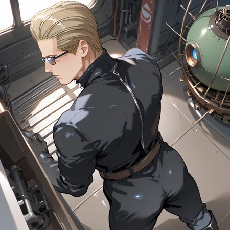 PonyScores7, source_anime, ah1, <lora:natsumi_style:1> BREAK <lora:albertwesker-guy-PONYv1:0.8> albertwesker, albert wesker, 1boy, blonde, black gloves, (sunglasses:1.3), belt, black coat, black pants, looking at viewer, toned, athletic, fit, slicked back hair, black turtleneck, zipper, mature male, short hair, black boots, (displaying autorithy and command), (Steampunk Airship Control Room with Brass Instruments and Control Panels), ((looking back expression)), (focused, intense glare), blue eyes, (angular face, sharp_featured face), handsome, charming, alluring, BREAK <lora:xl_more_art-full_v1:0.2>, <lora:shinyskin2:0.2> glistening skin, <lora:aesthetic_anime_v1s:0.2>, <lora:Expressive_H:0.2> Expressiveh, <lora:hairdetailpxl:0.2> hairdetailpxl, <lora:EpicF4nta5yXL:0.2>, <lora:detailxl:0.2> detailxl, <lora:Fant5yP0ny:0.2>, best quality, amazing quality, best aesthetic, absurdres, <lora:expressive eyes:0.2> expressive eyes, <lora:eyedetailpxl:0.2> eyedetailpxl, illustration, Volumetric_Lighting, ultra-detailed, very aesthetic, intricate details, 8k, masterpiece, best_quality, BREAK (High Angle (from behind) view medium Close shot (focus on feet)), BREAK <lora:Eyes_High_Definition:0.3> EyesHD, Stable_Yogis_PDXL_Positives, AS-Adult, <lora:Complicated fantasy portrait - XL Pony V2.0:0.4>, bad-hands-5, AS-MidAged,