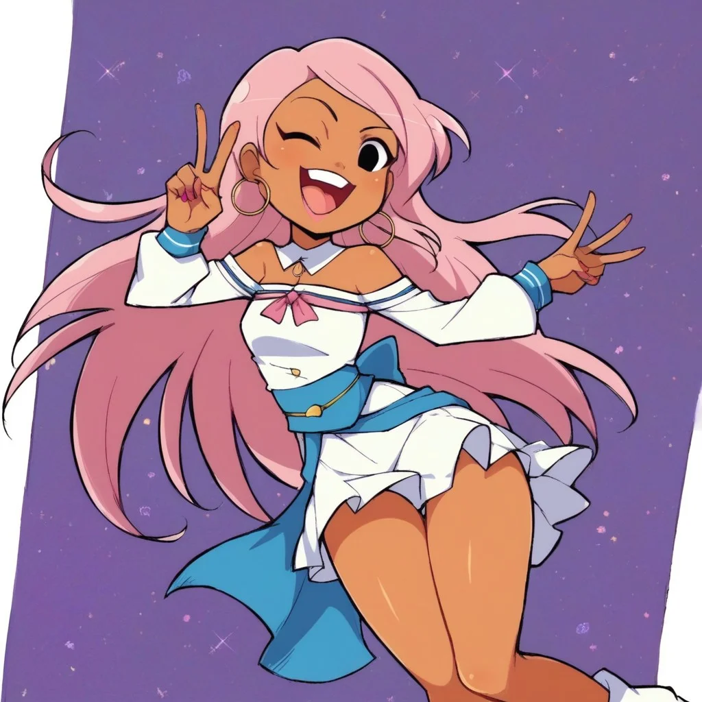 score_9, score_8_up, score_7_up, ng_deepnegative_v1_75t, Casey, dark skinned, long hair, black eyes, hoop earring, blue ninjasuit, wide hips, hipsway,yaegashi nan, senran kagura,  1girl, solo, wink, cute pose, peace sign