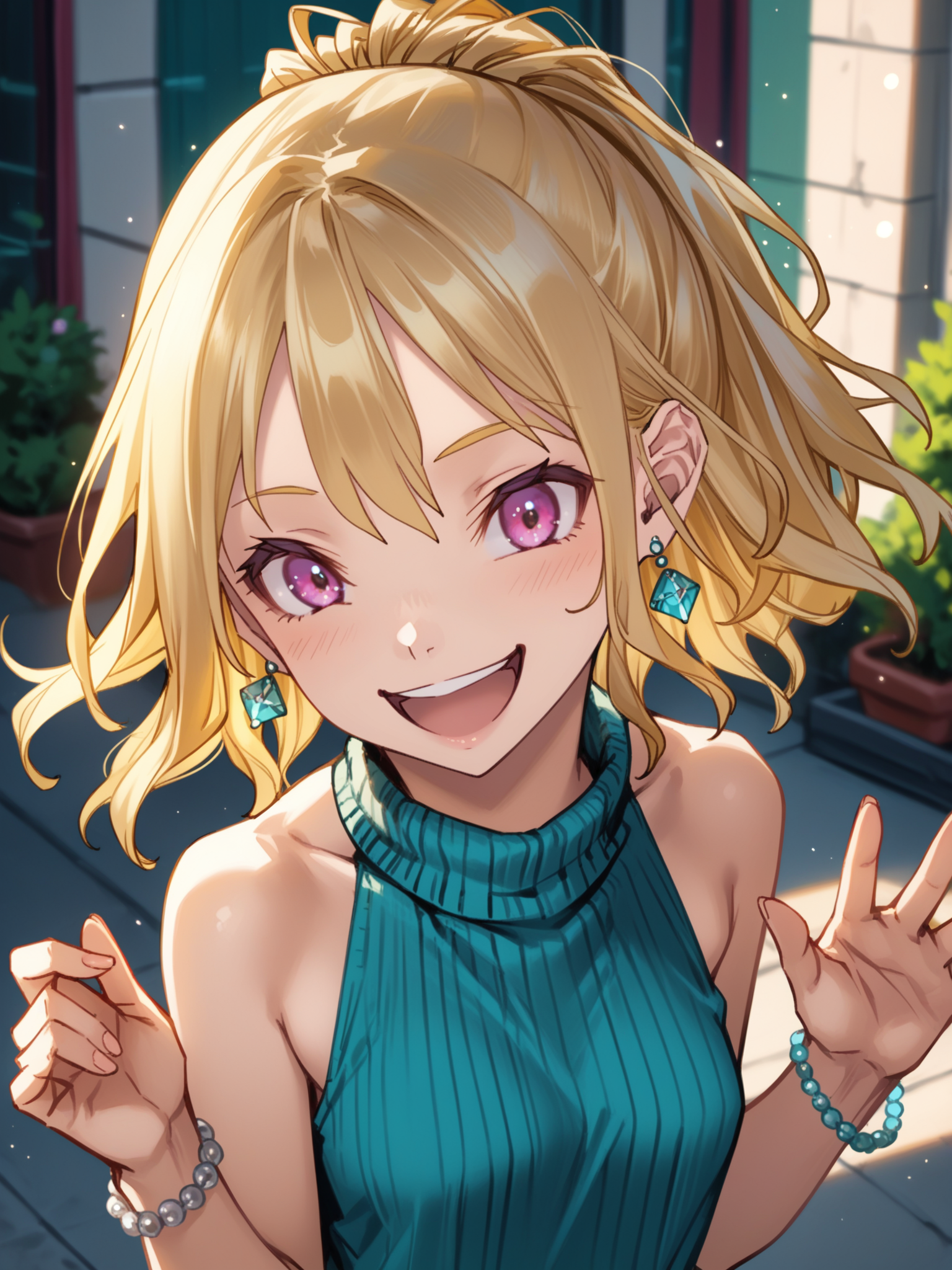 (cowboy shot, solo focus:1.2) <lora:happy_tentacle-fuyuno-v0.3-000021:1>, ht_fuyuno, blonde hair, (petite:1.2), <lora:Shed_The_Skin's StS_age_slider_v1_initial_release:-1.2> ( :1.1) jewelry, necklace, earrings, bracelet ( , , (excited :1.2) , smile , (looking at viewer:0.6) :1.1) , outdoors, vegetation, (overgrown :1.1), spring \(season\) , (dusk :0.6), (blue sky:0.6) , (:0.5), , (science fiction :0.9), sleeveless shirt, (turtleneck sweater:1.2) (( from above :1) :0.8) score_9, score_8_up, score_7_up, score_6_up, score_5_up, score_4_up, ( [(realistic, photorealistic:1.3):(realistic:1.2):16] [(3d:1.2)::14] :1) <lora:LUUNA's Lunas-NijiJourney-SDXL-B2:0.35>, nijijourney <lora:prgfrg23's Counterfeit-V3.0 Style SDXL_LoRA_Pony Diffusion V6 XL:0.5> <lora:mfcg's mfcgXL:0.12> <lora:reweik's gyokai(himehajime)_PonyXL_style_v01:0.14>