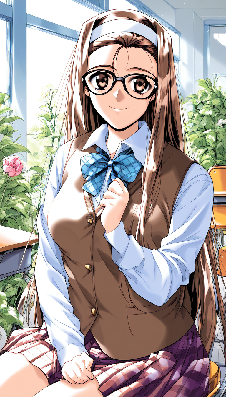 score_9, score_8_up, score_7_up, source_anime, rating_explicit, BREAK  <lora:Mizuno_Tomomi_XL:1> Mizuno_Tomomi, brown hair, glasses, black-framed eyewear, white hairband, brown eyes, very long hair, medium breasts,
indoors, long sleeves, vest, looking at viewer, smile, plaid, school uniform, chair, bow, plant, flower, shirt