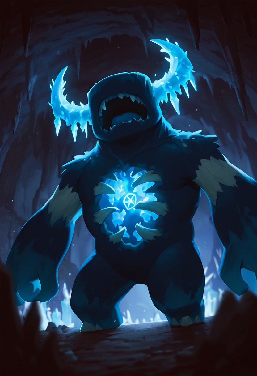 masterpiece, best quality, amazing quality, very aesthetic, absurdres, newest, detailed background, foreground blur
warden, glowing horns, standing, solo, monster, open mouth, creature, teeth, no eyes, pokemon (creature), ribs, colored skin, ((wide head, big head,)),, no teeth, no humans, big arms,  no hands, no wrists, wide body, short legs, 
dark cave, torch flames, crystal growths, cave crystals, pentagram on wall, dynamic angle,