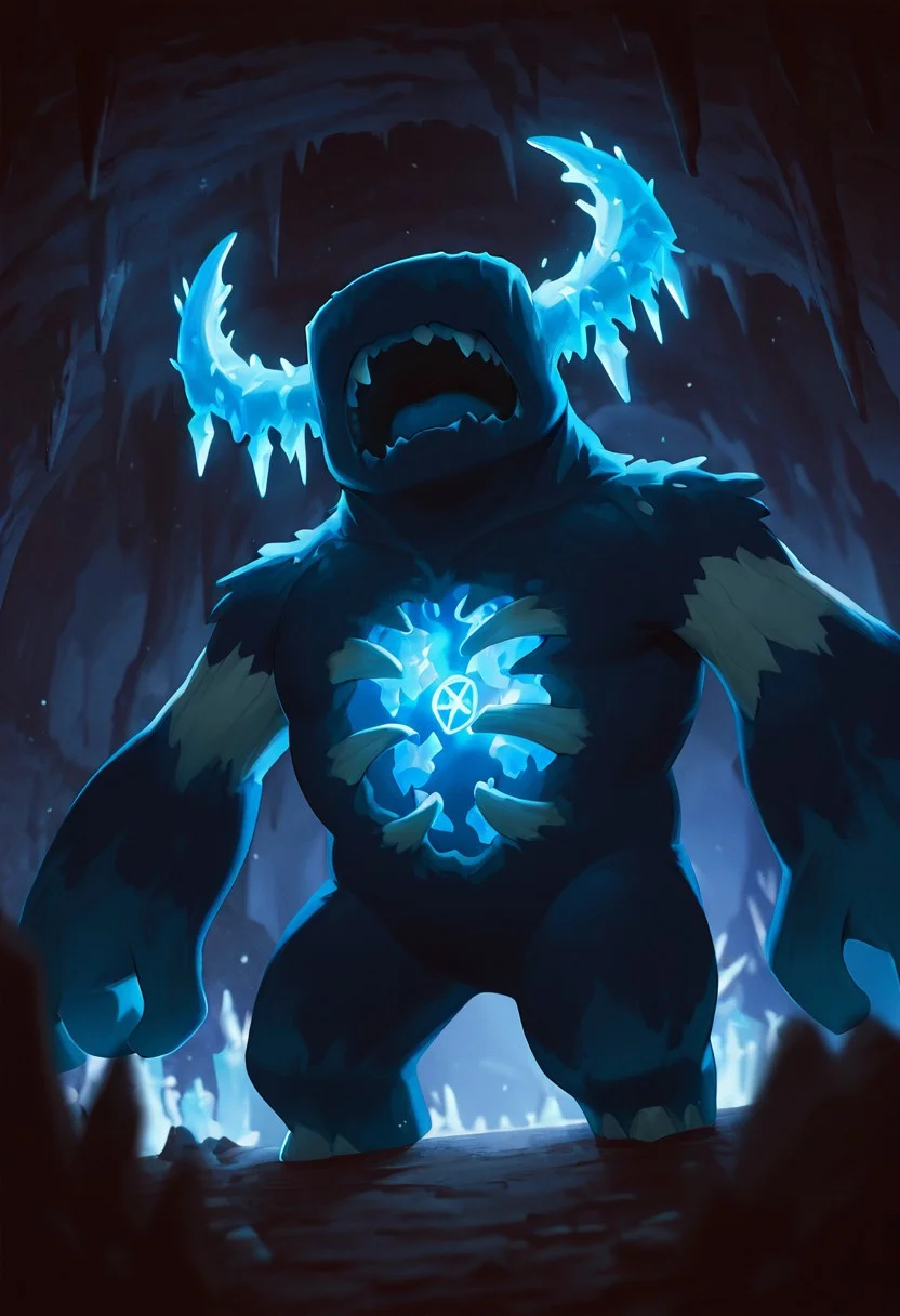 masterpiece, best quality, amazing quality, very aesthetic, absurdres, newest, detailed background, foreground blur
warden, glowing horns, standing, solo, monster, open mouth, creature, teeth, no eyes, pokemon (creature), ribs, colored skin, ((wide head, big head,)),, no teeth, no humans, big arms,  no hands, no wrists, wide body, short legs, 
dark cave, torch flames, crystal growths, cave crystals, pentagram on wall, dynamic angle,