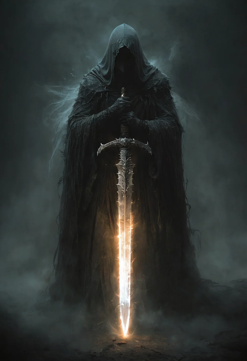 1man, full body, cloaked, tattered robe, hooded, hidden face, mist, intense, fantasy knight, holding a glowing giant sword, both hands on sword handle, sword in center, planted sword, resting, epic, shining, dark, black background, ethereal light, <lora:MJ52:0.4>, <lora:- SDXL - vanta-black_contrast_V3.0:1> <lora:sdxl_lora_beksinski:0.5>