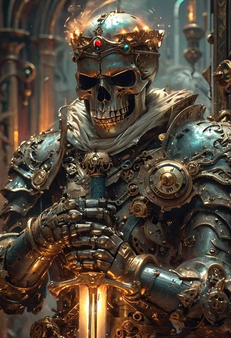 man  stands,steampunk, laughing with mouth wide open, clock engine,king,holding a  sword,half skull mask,colorfull,glowing ,mechanical wonders and the romance of steam-powered machinery,concept art,character,vibrant colors and depth, showcasing gears, cogs, and clockwork that seem to be in motion
