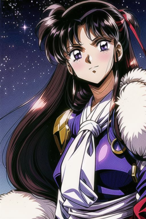 best quality 1girl Setsun4 solo long hair,  (night time) forest background black hair very long hair purple eyes multicolored hair armor, small, (fur trim) (medium body),<lora:EMS-179-EMS:0.800000>,<lora:EMS-293862-EMS:0.800000> bow, hair_bow, hair_tubes, red_bow, brown_hair, long_hair, bangs, ascot, frilled_bow, yellow_ascot, blush, smile, hair_between_eyes, athletic, armor, miko,  Smiling, happy,