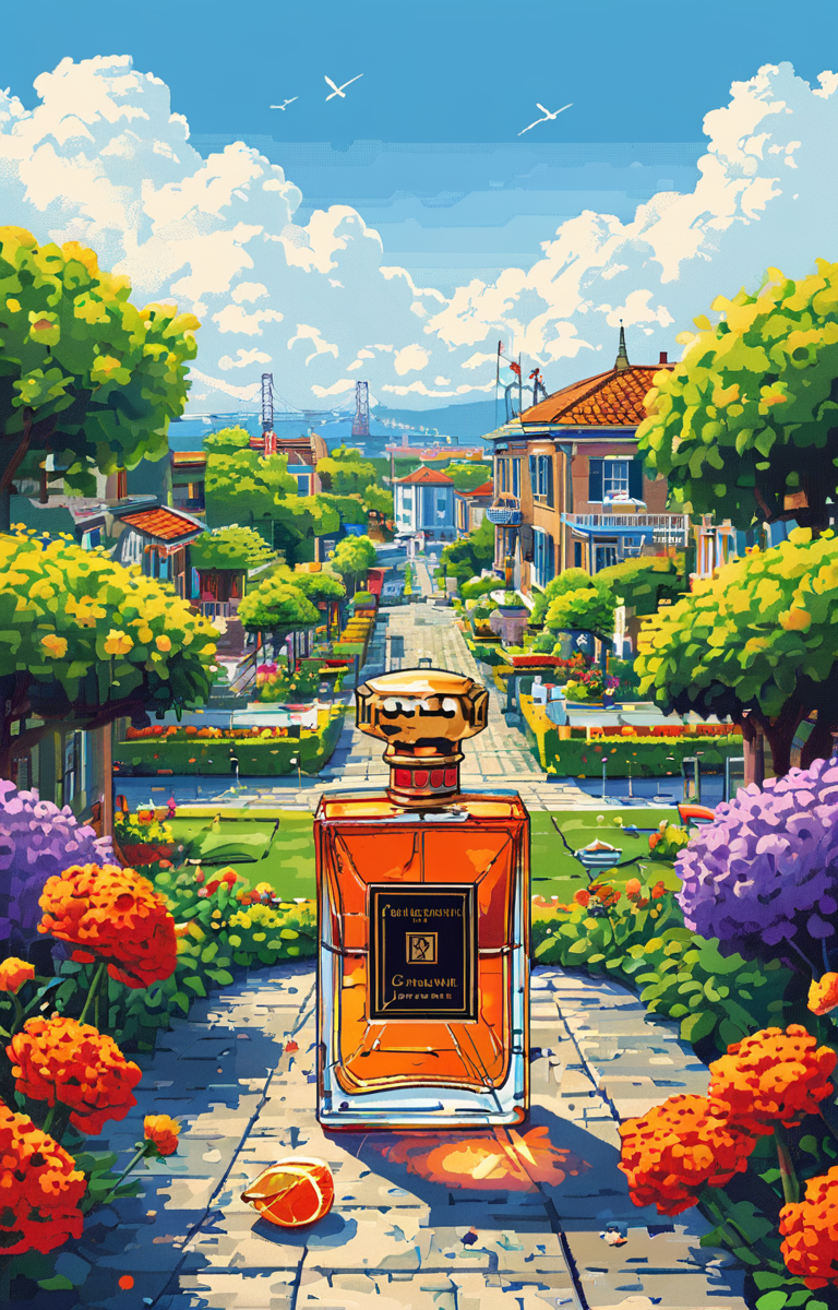 masterpiece,best quality,<lora:tbh15-sdxl:0.9>,illustration, A bottle of perfume in garden