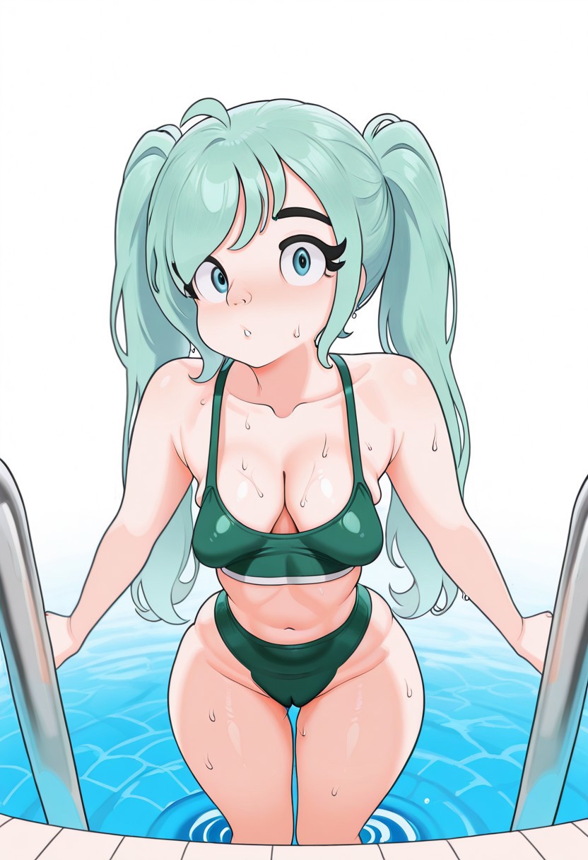 Hatsune Miku, Zetorashe, coily eyelashes, coily_eyelashes, coily_eyelashes_style, warm shading, cold lighting, 
score_6_up, source_anime, (small breasts, sagging breasts, bursting breasts, perky breasts),  eye focus), eyes sparkling, intricate details, super skinny, thin body frame, biggest lips, masive lips, ultra detailed face, ultra realistic, (cutest girl in the world), strap gap, knock-nees, thigh gap, seductive facial expression, looking at viewer, cleavage, tight skimpy clothing, big cameltoe, huge ass, pawg, insanely massive bubble butt, rsgrl, dramatic lumbar arch, swimming pool, wet, sweaty, tight detailed green bikini, bent over, elbows on pool edge, hanging over pool edge, laying on belly in pool