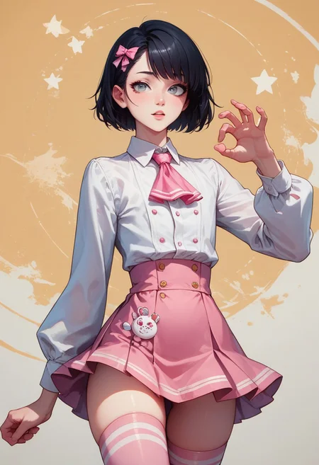 score_9, score_8_up, score_7_up, 1boy, femboy, otoko no ko, short hair, bob cut hair, black hair, grey eyes, gray eyes, feminine face, toned body, Shelly, white shirt, long sleeves, buttons, ascot, pink mini skirt, pink mini-skirt, thighhighs, pink thighhighs, hair bow, highly detailed, intricate, zzCitronCAT, cute pose, modelshoot, abstract background, cowboy shot, solo