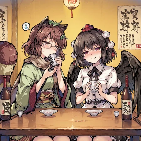 safe_pos, source_anime, high res image, masterpiece, perfect quality, best quality, newest, absurdres, highres, scenic, ultra detailed face, detailed eyes, accurate anatomy,
tokiame, ink,
sdxl_lightning_4step_lora_rank1,
HDR,
indoor, murayakuba, izakaya, scenery, indoors, lamp, table, poster (object),
front view, (side by side),
2girl, multiple girls, multiple different girls, 2 different girls,,
female left side (shameimaru aya, 1girl, solo, red eyes, black hair, short hair, feathered wings, black wings, tokin hat, collared shirt, white shirt, short sleeves, black bow
sitting holding a huge wine bottle, drinking with both hands, wine bottle in mouth, no glasses, head leaning back,
drunk, crying, teary, too much teary, sad),,
female right side ( futatsuiwa mamizou, brown eyes,
glasses, leaf_on_head, raccoon_tail, smile, scarf, japanese_clothes, checkered_clothes, long_sleeves, wide_sleeves, leaf_hair_ornament, spoken sweatdrop, sweatdrop symbol, wry smile, happy, holding a small Japanese sake cup),,
correct fingers