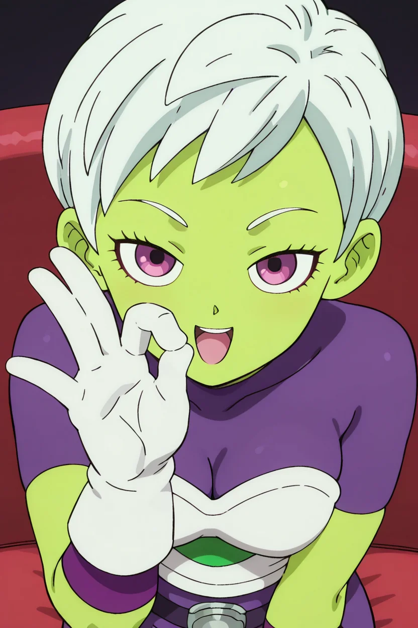 masterpiece, best quality, cheelai, 1girl, solo, breasts, looking at viewer, smile, short hair, open mouth, gloves, purple eyes, white hair, :d, white gloves, bodysuit, colored skin, close-up, green skin, purple bodysuit, ok sign, cheelaisp2, ,<lora:DBSBroly_Style_IXL_v2:0.8>,