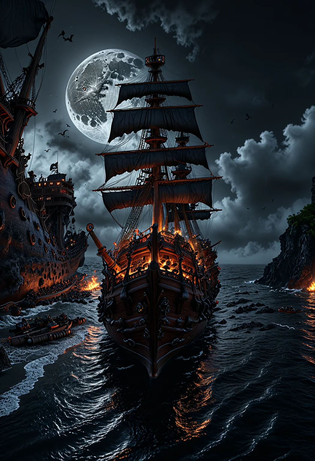 A pirate ship featuring many cannons and a black flag sailing in lava sea, moon is seen in background, hyper realistic, 8k, incredible, beautiful, frightening
<lora:MJ52_v1.3:0.3> <lora:aesthetic:1.50> aesthetic <lora:great_lighting:1.50> great lighting <lora:sd_xl_dpo_lora_v1:0.25> <lora:Perfect Hands:0.5> <lora:detailed_notrigger:1.5> <lora:photorealistic_portrait_notrigger:1.5> <lora:clothing_slider_v19:2> <lora:RMSDXL_Enhance:0.5> <lora:RMSDXL_Creative:0.5> <lora:RMSDXL_Darkness_Cinema:0.5> <lora:RMSDXL_Photo:0.5> <lora:xl_more_art-full_v1:0.3>