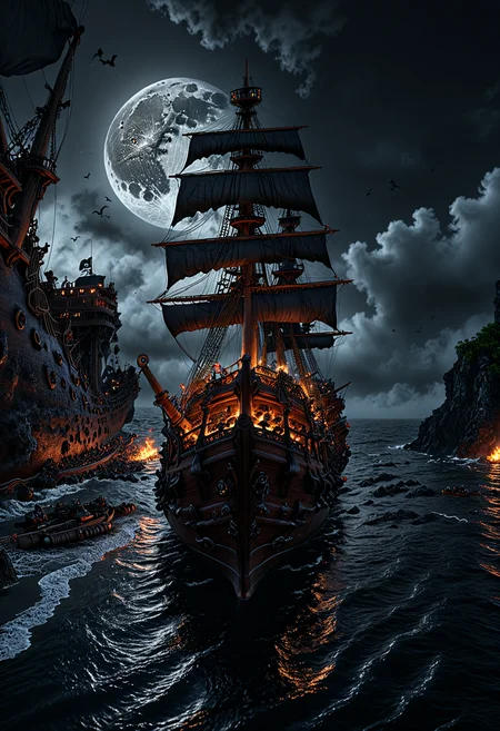 A pirate ship featuring many cannons and a black flag sailing in lava sea, moon is seen in background, hyper realistic, 8k, incredible, beautiful, frightening
<lora:MJ52_v1.3:0.3> <lora:aesthetic:1.50> aesthetic <lora:great_lighting:1.50> great lighting <lora:sd_xl_dpo_lora_v1:0.25> <lora:Perfect Hands:0.5> <lora:detailed_notrigger:1.5> <lora:photorealistic_portrait_notrigger:1.5> <lora:clothing_slider_v19:2> <lora:RMSDXL_Enhance:0.5> <lora:RMSDXL_Creative:0.5> <lora:RMSDXL_Darkness_Cinema:0.5> <lora:RMSDXL_Photo:0.5> <lora:xl_more_art-full_v1:0.3>