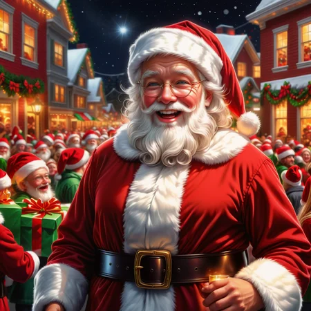 hyper detailed masterpiece, dynamic realistic digital art, awesome quality, santa claus illustrations, yuletide, bows,cider, radiant and glowing,warm and inviting, solar lights, participating in a holiday parade