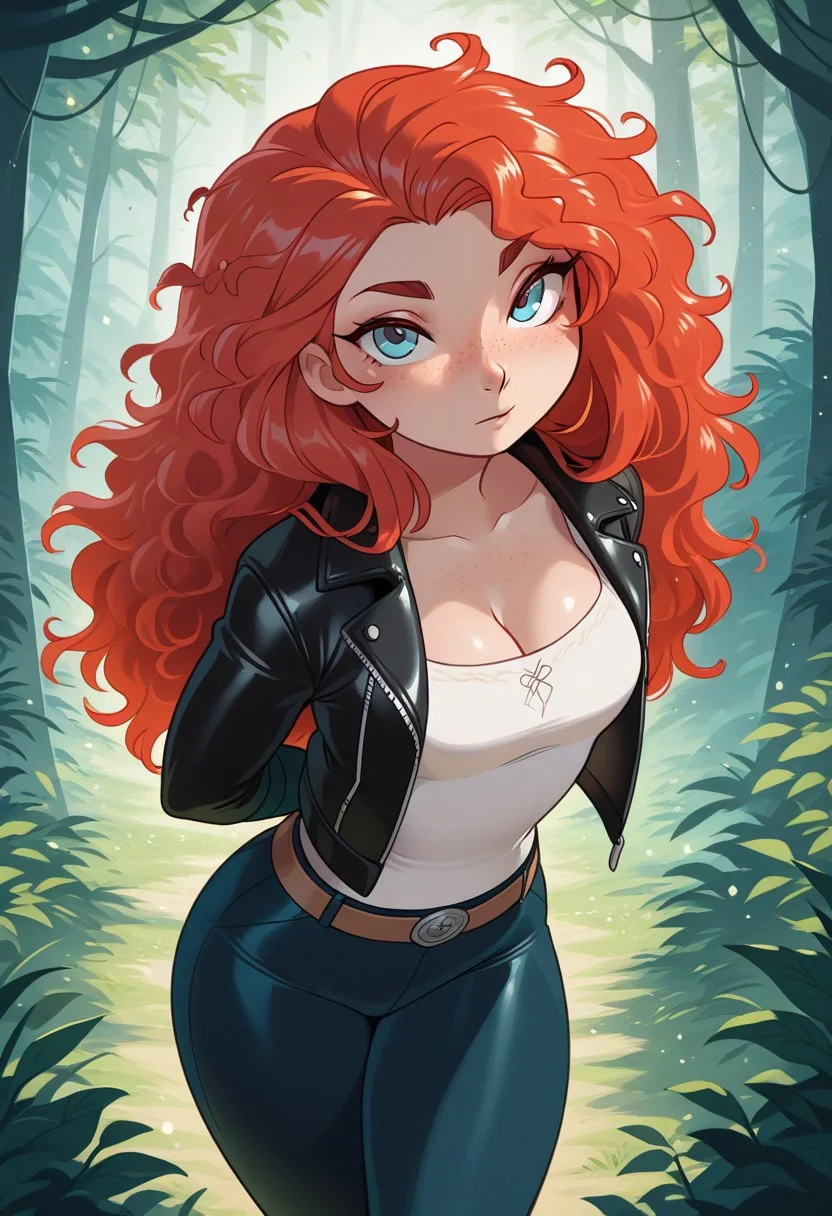 score_9, score_8_up, score_7_up, high detail, textured skin, volumetric lights, vivid colors, masterpiece, merunyaa
MeridaXL, red hair, blue eyes, curly hair, big hair, freckles,
Black leather jacket, open jacket, white blouse cleavage, tight pants,
1girl, solo, alone, detailed eyes, sexy,
looking at viewer, standing, Legs together,
Outdoors, standing next to motocykle,