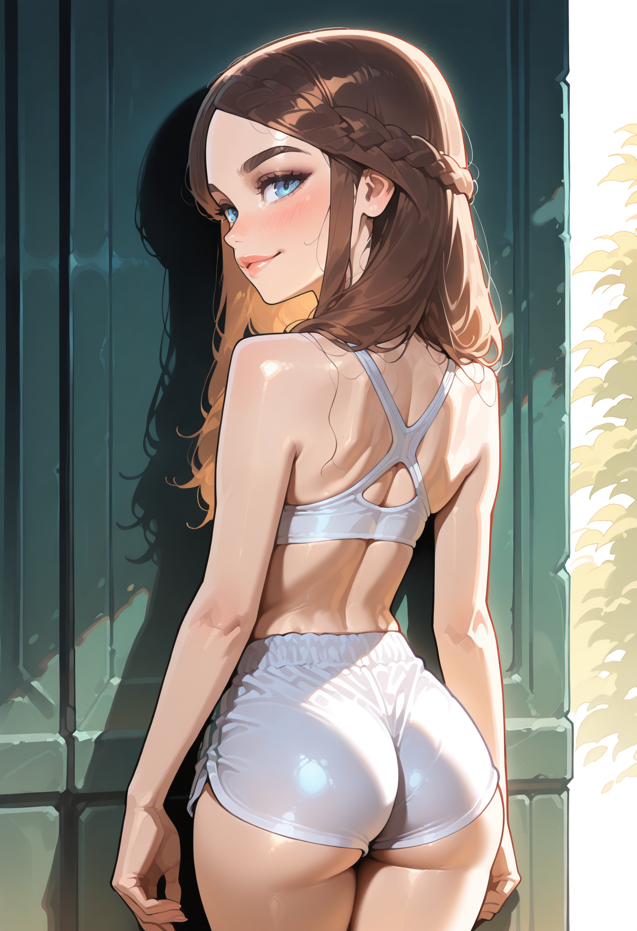 score_9, score_8_up, score_7_up, score_6_up, score_5_up, masterpiece, best quality, high detail, volumetric lighting, dark, shadow, <lora:NM_aa_illust:1>, BREAK NM_aa_illust, 1girl, ass, brown hair, blue eyes, solo, looking back, long hair, shorts, from behind, looking at viewer, braid, back, short shorts, sports bra, bare shoulders, thighs, cowboy shot, smile, underwear, dolphin shorts, blush, lips, white bra, arms at sides, french braid, white sports bra
