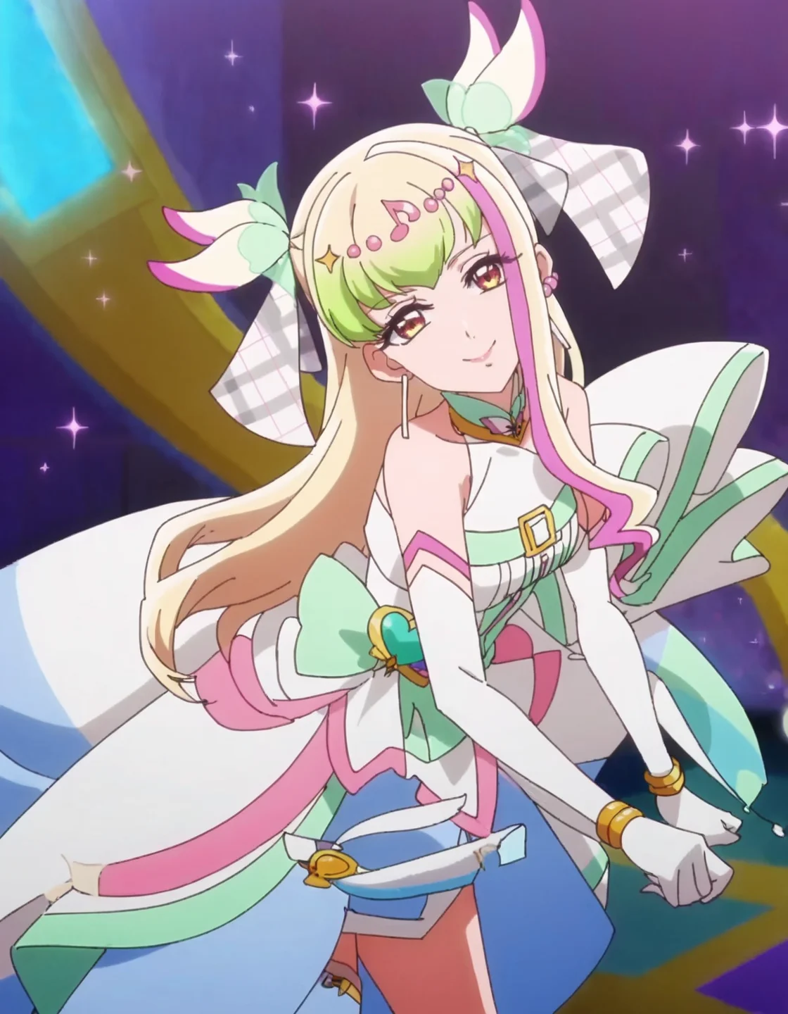 score_9, score_8_up, score_7_up, anime screencap, solo,1girl,curezukyoon, solo, gloves,elbow gloves, jewelry, idol, dress, thighhighs, earrings, musical note, bow, white gloves, smile, looking at viewer, bracelet, hair ornament, single thighhigh, makeup, magical girl,large breasts,<lora:curezukyoon_pony:0.8>
