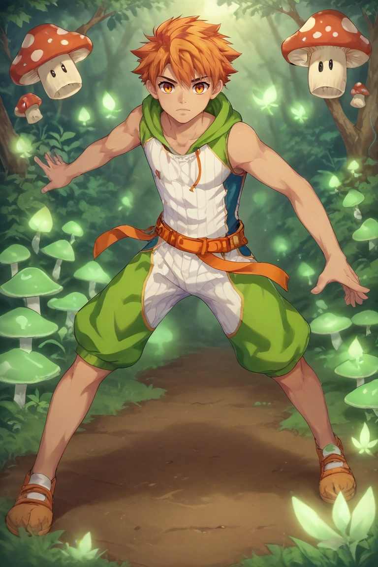score_9, score_8_up, score_7_up, , rating_safe, intricate details, , , , 1boy, solo, male focus, <lora:jirou_camp_buddy_pony:0.92>, jirou_camp_buddy, orange hair, orange eyes, , enchanted forest, glowing plants, fairy lights, mushroom circles, exploring pose, wonder expression, twilight, , <lora:sdxl_lightning_8step_lora:1>