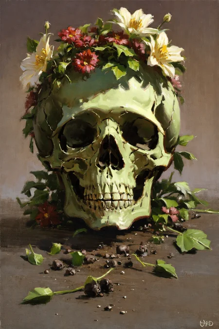oil painting, a skull with a flowers growing from it, sharp detailing, masterpiece, 8k, HDR, best quality, detailed skin, extremely detailed, detailed shadows, shading, <lora:GoodHands-beta2:1>