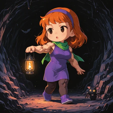 1girl, daphne blake, general, solo, purple shoes, pantyhose, purple dress, turtleneck, green scarf, purple headband, wavy hair, medium hair, no sclera, muscular female, large breasts, broad shoulders, deltoids, (muscular:2), biceps, walking, holding lantern, looking to the side, :o, outstretched arm, (spread fingers:0.8), dark, cave, bat \(animal\), (chibi:1.6), halftone background, masterpiece, recent