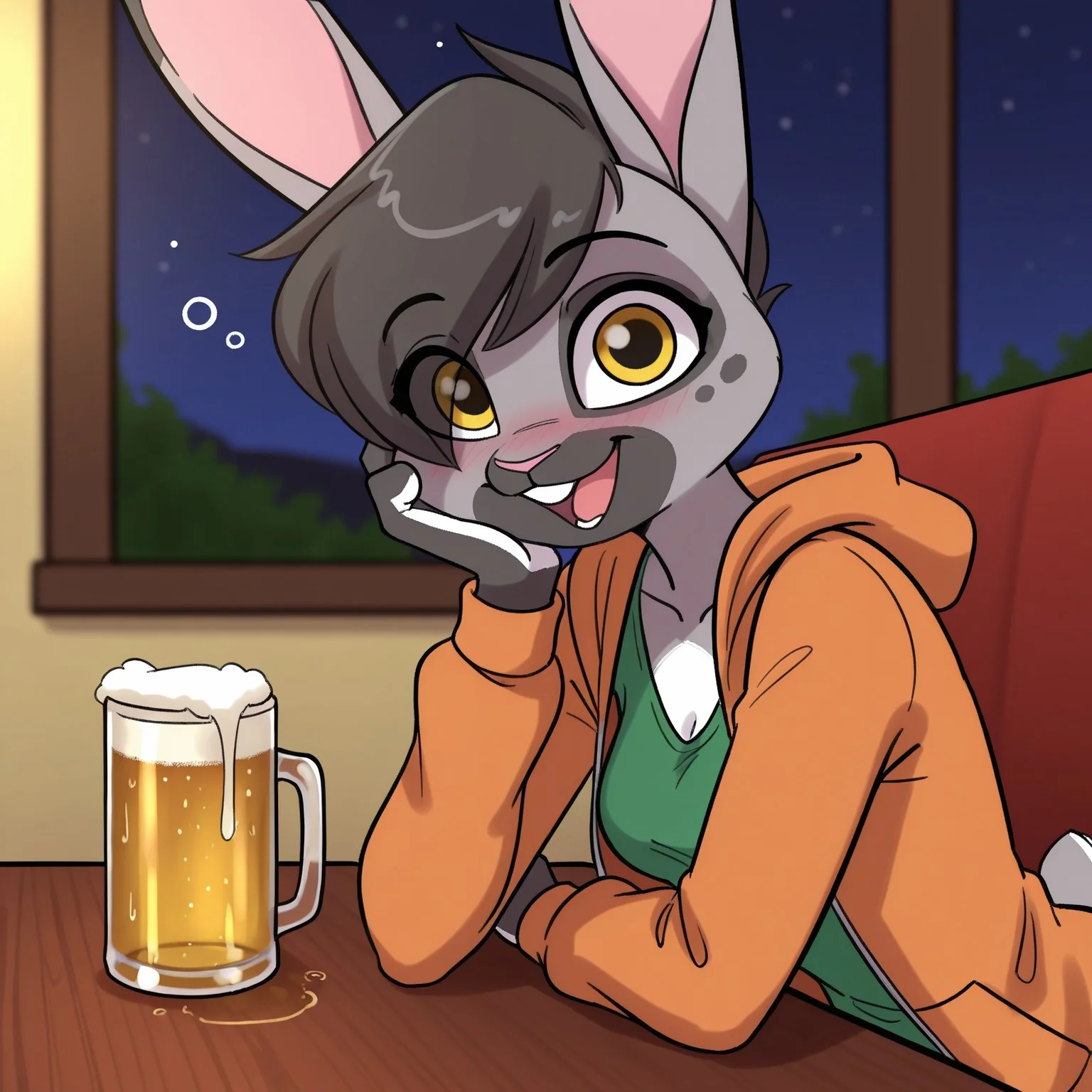 8k, masterpiece, best quality, highly detailed, cartoon, 1girl, solo, CatherineHopps, female furry, anthro, lagomorph, bunny, pink inner ear, black hair, short hair, pink nose, yellow eyes, black pupils, grey body, grey fur, multicolored body, buckteeth, small breasts, (orange hoodie, green shirt, open hoodie), (arm rest, hand on cheek, eyes visible through hair), smile, wide eyes, (looking at viewer), sitting, table, restaurant, beer, drunk, front view, detailed background, open mouth, buckteeth, 4 fingers, window, night, white claws