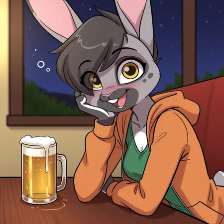 8k, masterpiece, best quality, highly detailed, cartoon, 1girl, solo, CatherineHopps, female furry, anthro, lagomorph, bunny, pink inner ear, black hair, short hair, pink nose, yellow eyes, black pupils, grey body, grey fur, multicolored body, buckteeth, small breasts, (orange hoodie, green shirt, open hoodie), (arm rest, hand on cheek, eyes visible through hair), smile, wide eyes, (looking at viewer), sitting, table, restaurant, beer, drunk, front view, detailed background, open mouth, buckteeth, 4 fingers, window, night, white claws