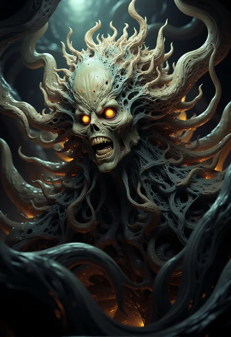 bv-mychorwo, mycelium, horror,. A close-up of a mycelium-infused humanoid with hollow, glowing eyes filled with a malevolent, ancient hunger, their face twisted in an unnatural expression frozen by fungal control, covered in skeletal growths piercing through the flesh, captured in haunting, claustrophobic ambiance that makes the creature appear almost alive, surrounded by swarms of spores glowing with a sickly, otherworldly luminescence| A full-body shot of a bio-mechanical fungus deity with gnarled fungal armor that seems to be devouring the creatureâs flesh, standing in a dystopian, decayed city overrun by an intelligent, aggressive mycelium, featuring details that make the fungal textures look as though theyâre moving and alive, rendered as a grim, hyper-detailed digital painting| A surreal fungal entity resembling a twisted plant-like being with hollow, glowing sockets hinting at something ancient and evil, set against an alien landscape dominated by hostile, predatory fungi, depicted with iridescent, glistening highlights reflecting off its slimy, decayed surface, inspired by an eldritch nightmare evoking Lovecraftian cosmic terror} , <lora:bv-mycelium-horror-world-v1.safetensors:1.0:1.0>