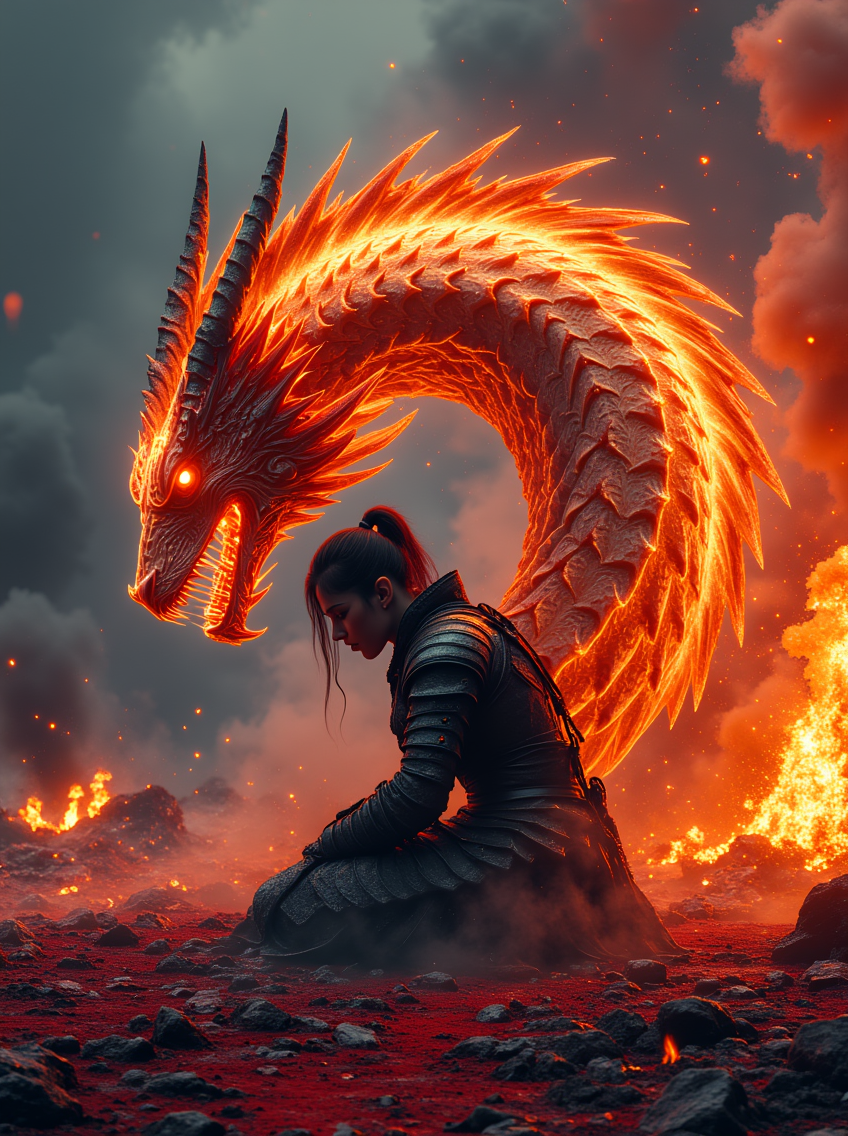 newfantasycore. 
Create an image of a fallen warrior on a blood-soaked battlefield, kneeling with her head bowed. Emerging from her back is a massive, semi-transparent dragon’s head, glowing with fiery energy and surrounded by faint wisps of smoke. The dragon’s essence appears to be entwined with her, as its body radiates flames and magic. Her armor is dark, covered in blood and glowing with an intense, fiery aura. The ground around her is scorched, with burning debris scattered across the scene, symbolizing the immense power she holds within her.
