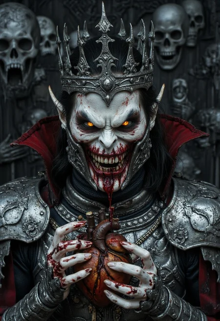 Ultra-detailed Face Closeup portrait of Count Dracula at the zenith of his monstrous glory—a sovereign of blood and shadows. His face is a masterpiece of predatory perfection: razor-sharp cheekbones cutting through the gloom, skin like polished alabaster stretched taut over immortal muscle. Twin hellfire eyes burn with the accumulated malice of six centuries, their crimson glow casting jagged reflections across his (blackened silver pauldrons:1.4). A crown of fused vertebrae and impaled saints rests upon his brow, each bone fragment whispering forgotten curses.
His mouth is a wound of perfect violence—lips black as a hanged man's tongue part to reveal fangs that drip with a slow, deliberate venom. The air around him roils with (coagulated blood-mist:1.5), swirling in vortex patterns as if the very atmosphere kneels before him. His armored gorget is carved with scenes of massacres, the grooves packed with centuries-old ash. One gauntleted hand crushes a still-beating heart, its arteries dangling like puppet strings, while the other grips a flayed corpse's spine as a scepter.
Behind him, a cathedral of writhing shadows arches upward—ribs of a long-dead god repurposed as his throne. (Screaming faces press outward from the walls:1.6), their mouths sewn shut with his hair. The floor is a mosaic of shattered holy symbols, each fragment grinding to dust beneath his boots. This isn’t a king—this is the reason graves have locks.